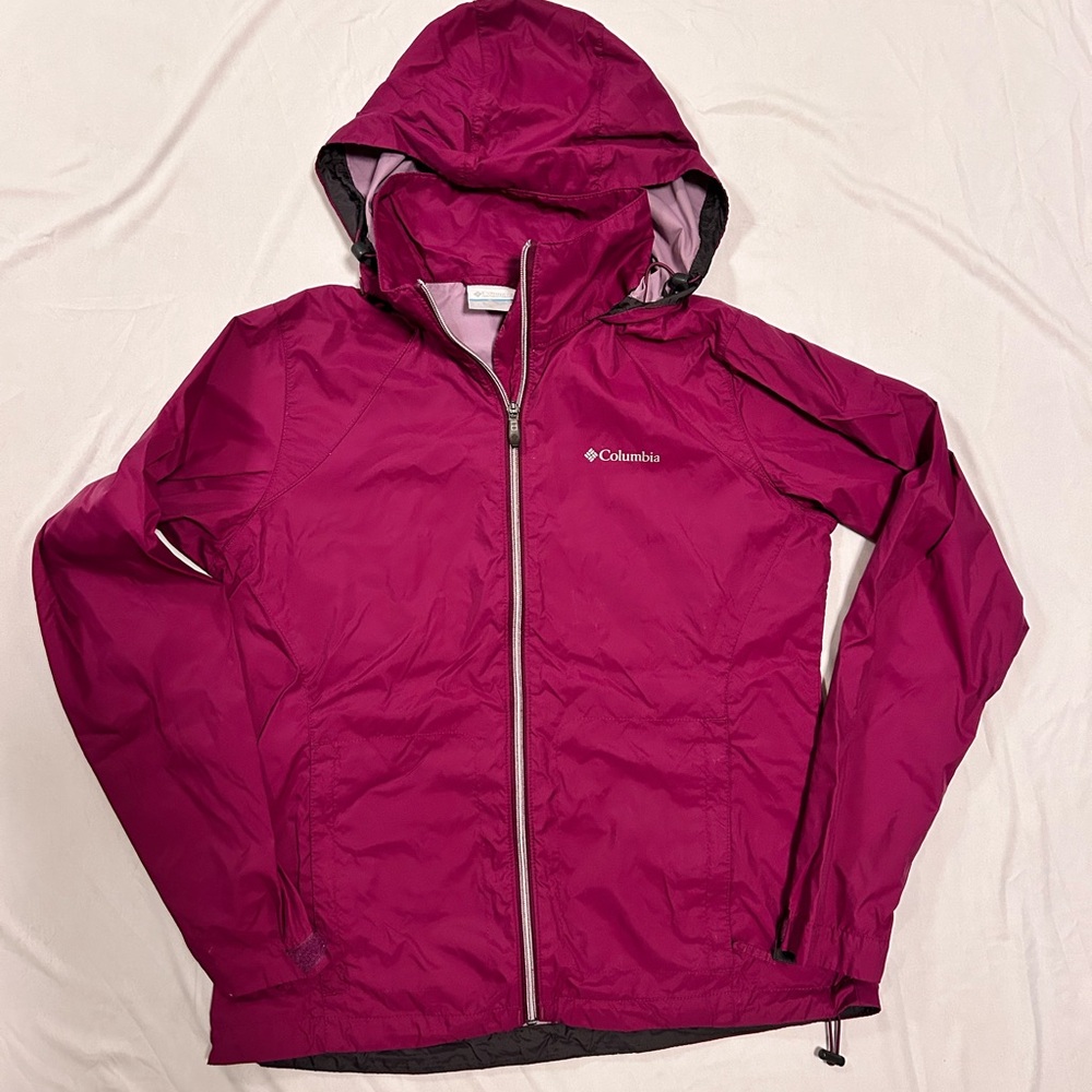 Columbia Women’s Purple Waterproof Breathable Hidden Hood Rain Jacket, Size M